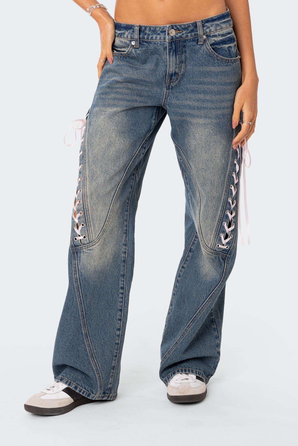 Ribbon Lace Up Low Rise Baggy Jeans