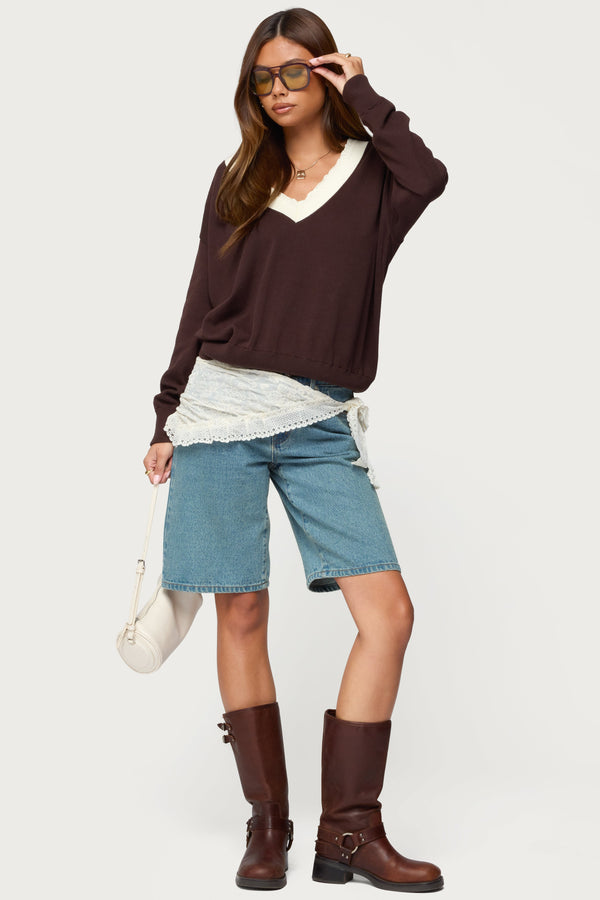 Marie Contrast Lacey V Neck Sweater