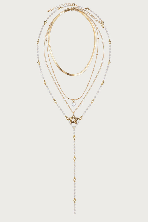 Layered Cascading Faux Pearl Star Necklace