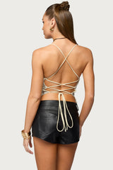 Sequin Crisscross Backless Cowl Neck Top