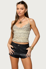 Sequin Crisscross Backless Cowl Neck Top