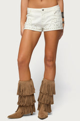 Studded Patchwork Low Rise Denim Shorts