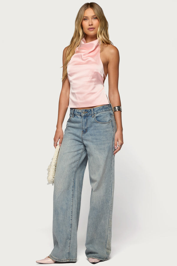 Satin Effect Backless Cowl Neck Top