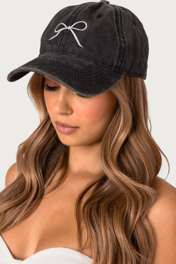 Embroidered Bow Washed Baseball Cap view 1