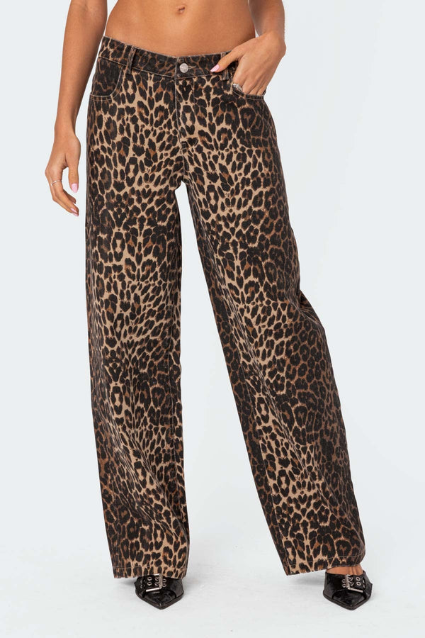 Leopard Printed Low Rise Baggy Jeans