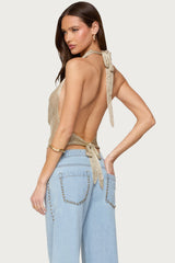 Shiny Knit Cowl Neck Backless Top