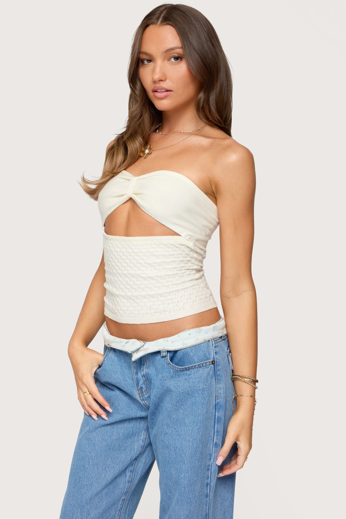 Textured Knit Strapless Cutout Top