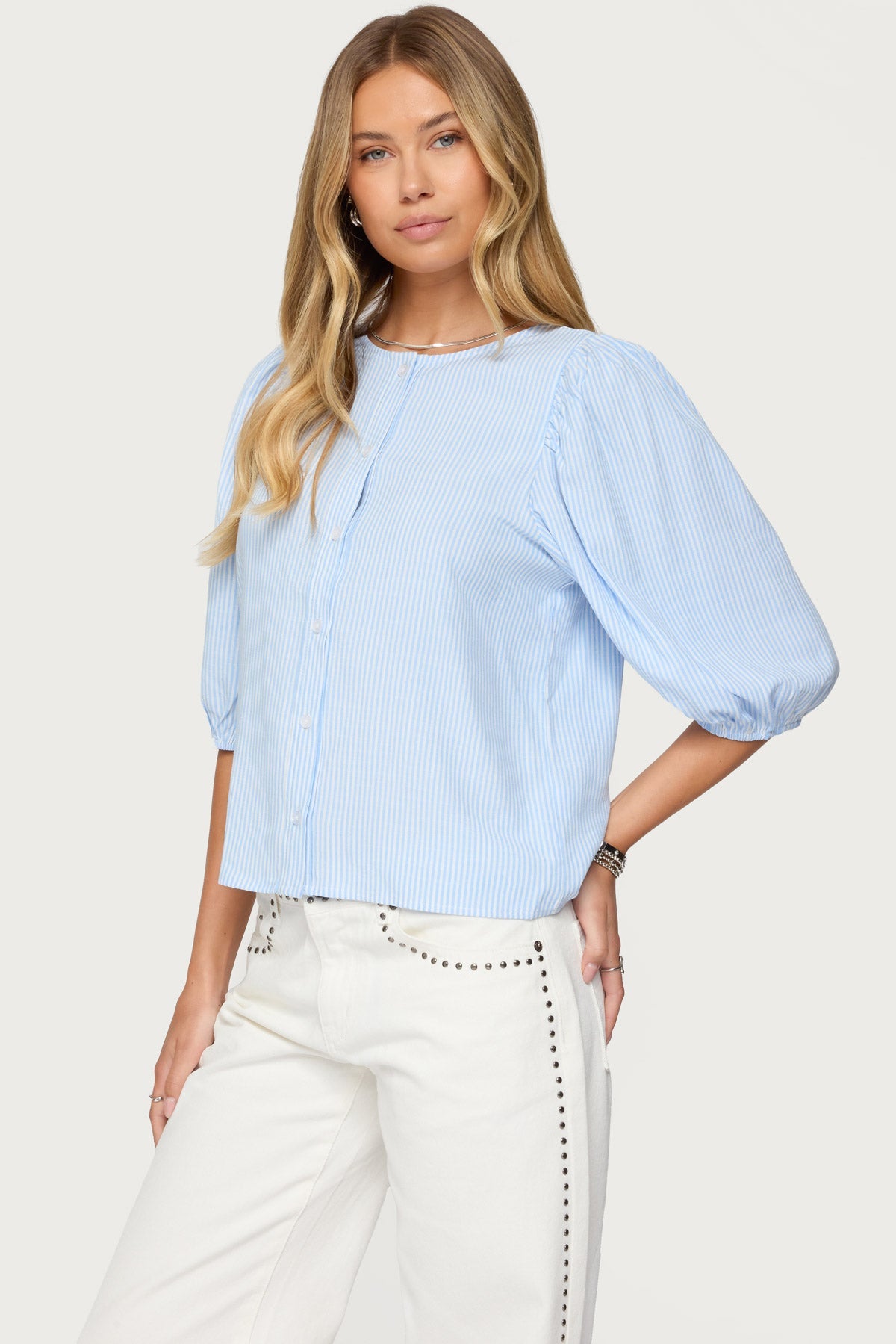 Pinstripe Linen Look Button Up Shirt