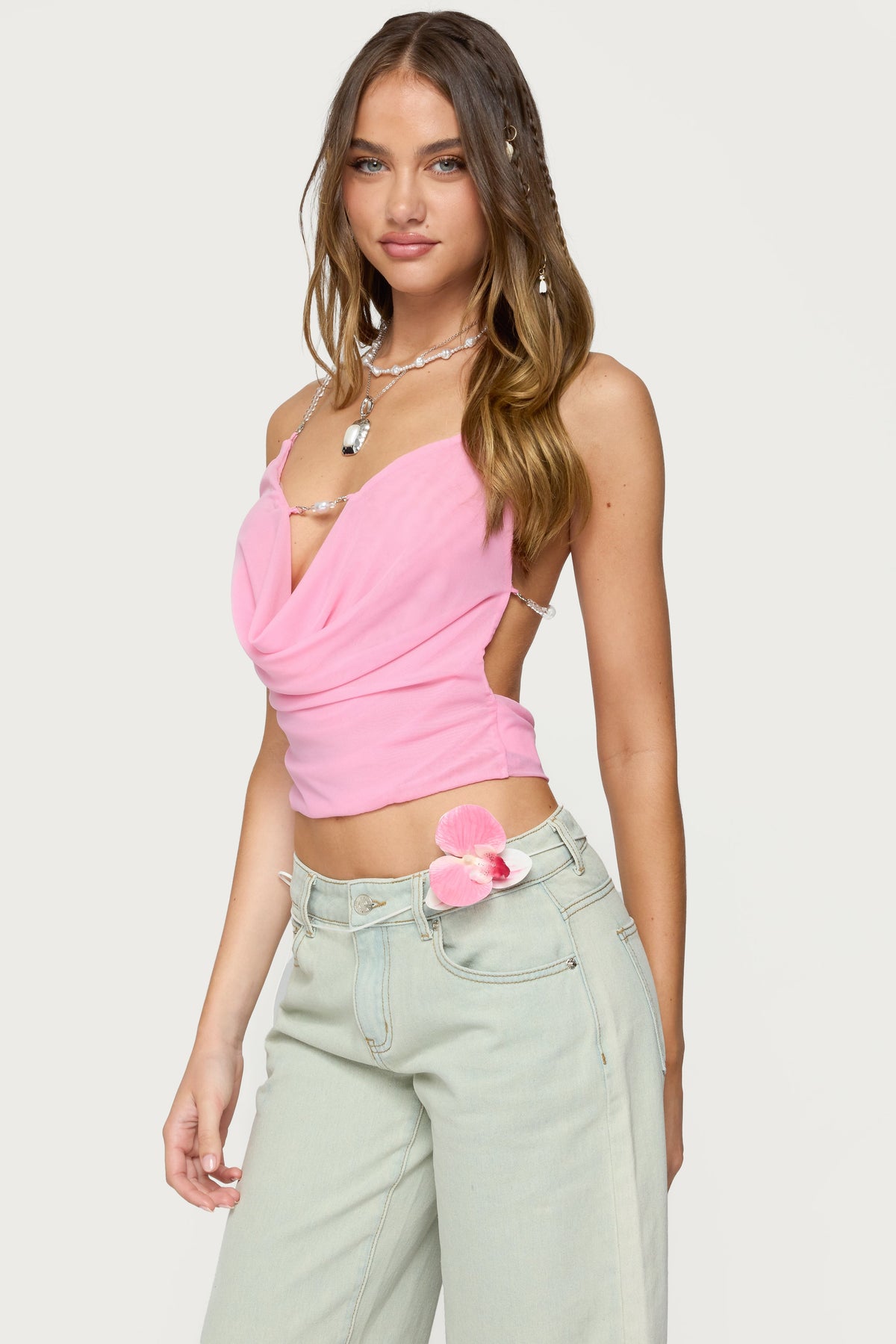 Beaded Deep Cowl Neck Backless Top