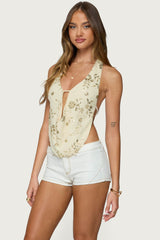 Beaded Chiffon Backless Cowl Neck Top