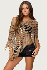 Fringe Sequin Crochet Poncho