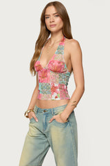 Catie Printed Mesh Halter Top