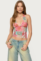 Catie Printed Mesh Halter Top