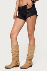 Studded Low Rise Denim Micro Shorts