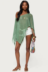 Sequin Fringe Knit Poncho