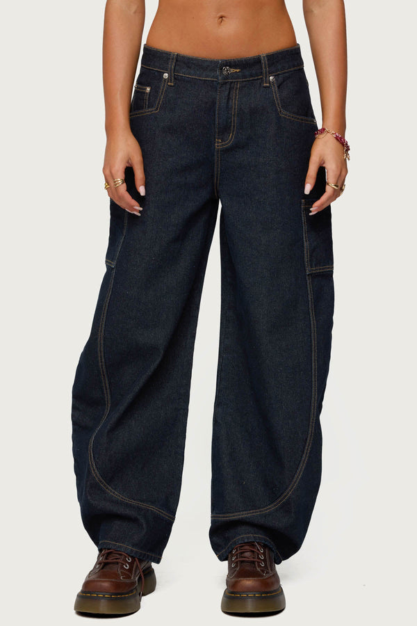 Aden Contrast Stitch Low Rise Barrel Jeans