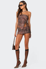 Leopard Printed Asymmetric Mesh Tube Top