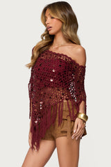 Fringe Sequin Crochet Poncho