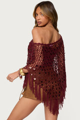 Fringe Sequin Crochet Poncho