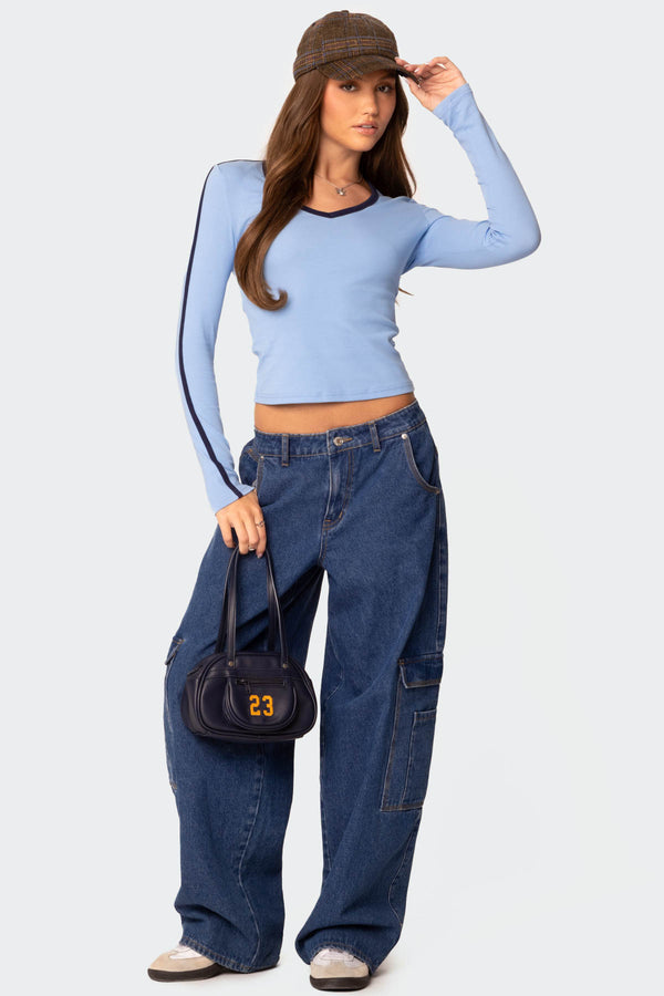 Contrast V Neck Long Sleeve T Shirt view 2