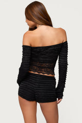 Tauri Lacey Ruffled Off Shoulder Top
