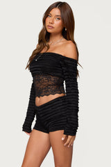 Tauri Lacey Ruffled Off Shoulder Top