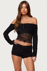 Tauri Lacey Ruffled Off Shoulder Top