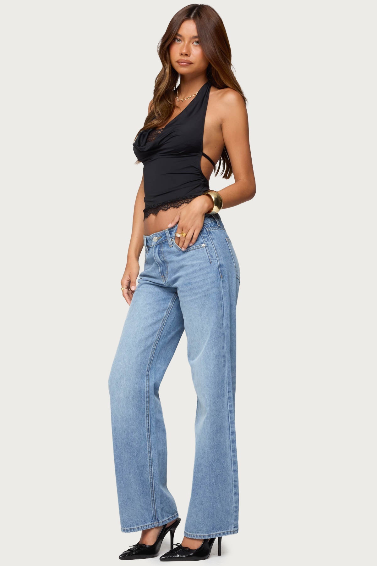 Layered Lacey Cowl Neck Halter Top