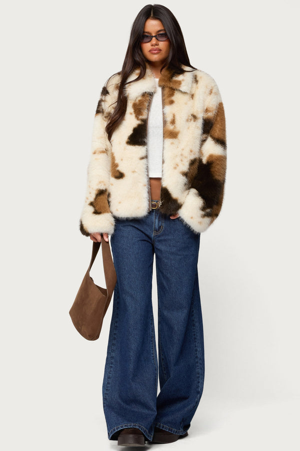 Rayan Cow Print Faux Fur Jacket
