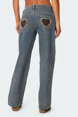 Leopard Heart Low Rise Baggy Jeans