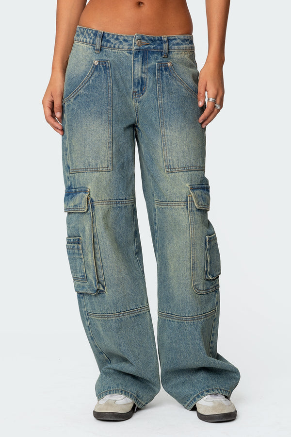 Westie Washed Low Rise Baggy Cargo Jeans