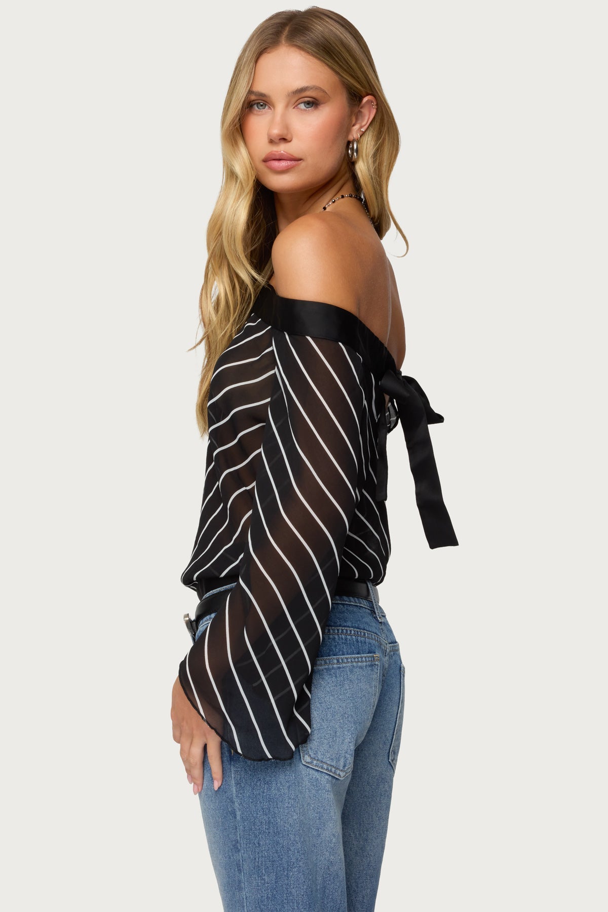 Diagonal Striped Off Shoulder Chiffon Top