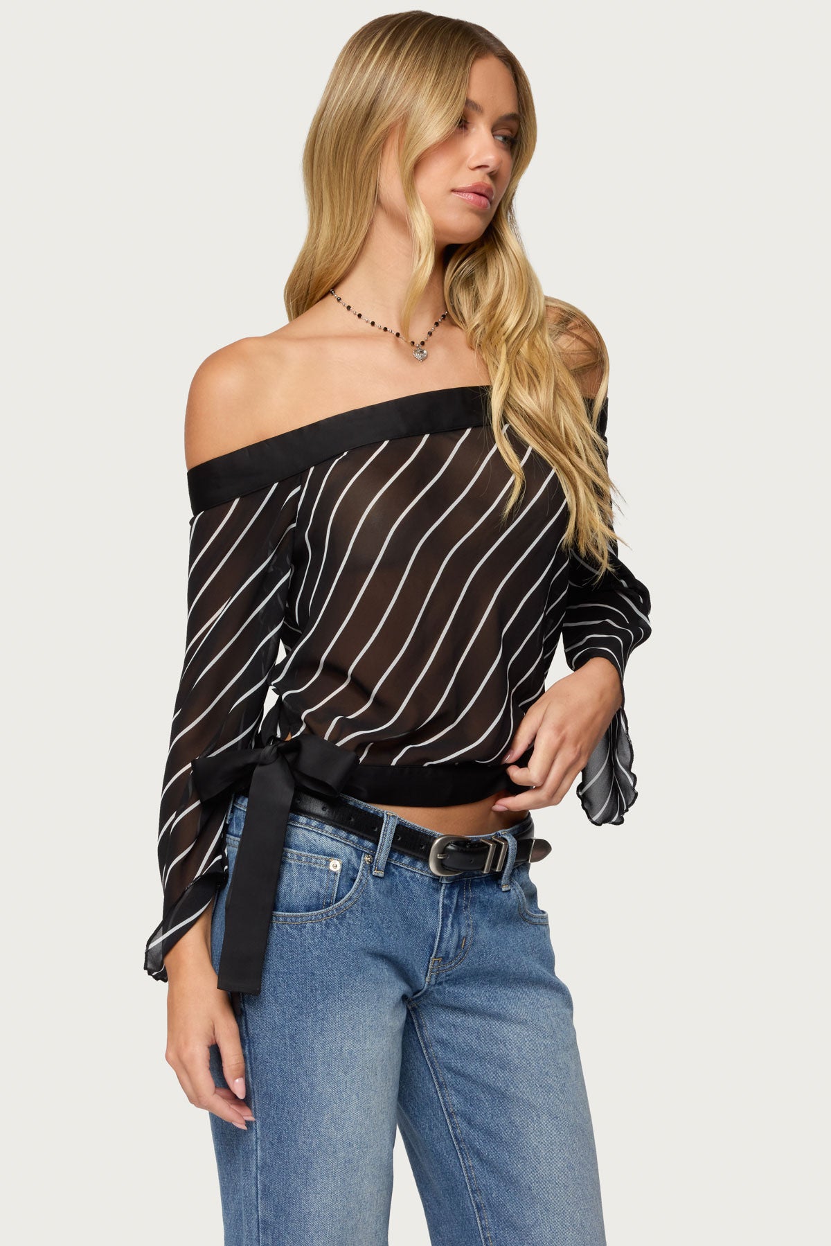 Diagonal Striped Off Shoulder Chiffon Top