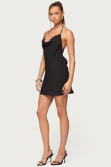 Bead Backless Cowl Neck Mini Dress