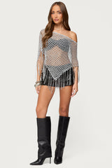 Evette Fringe Open Knit Metallic Poncho