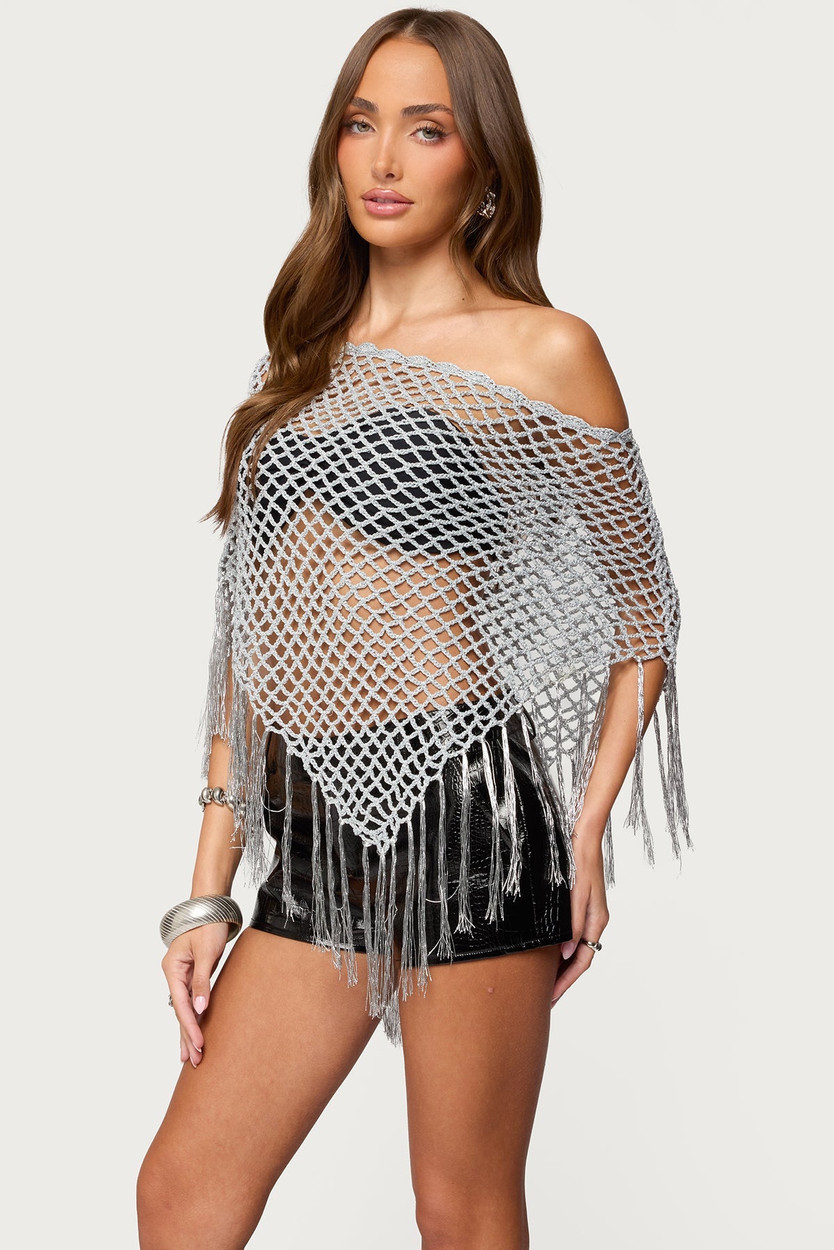 Evette Fringe Open Knit Metallic Poncho