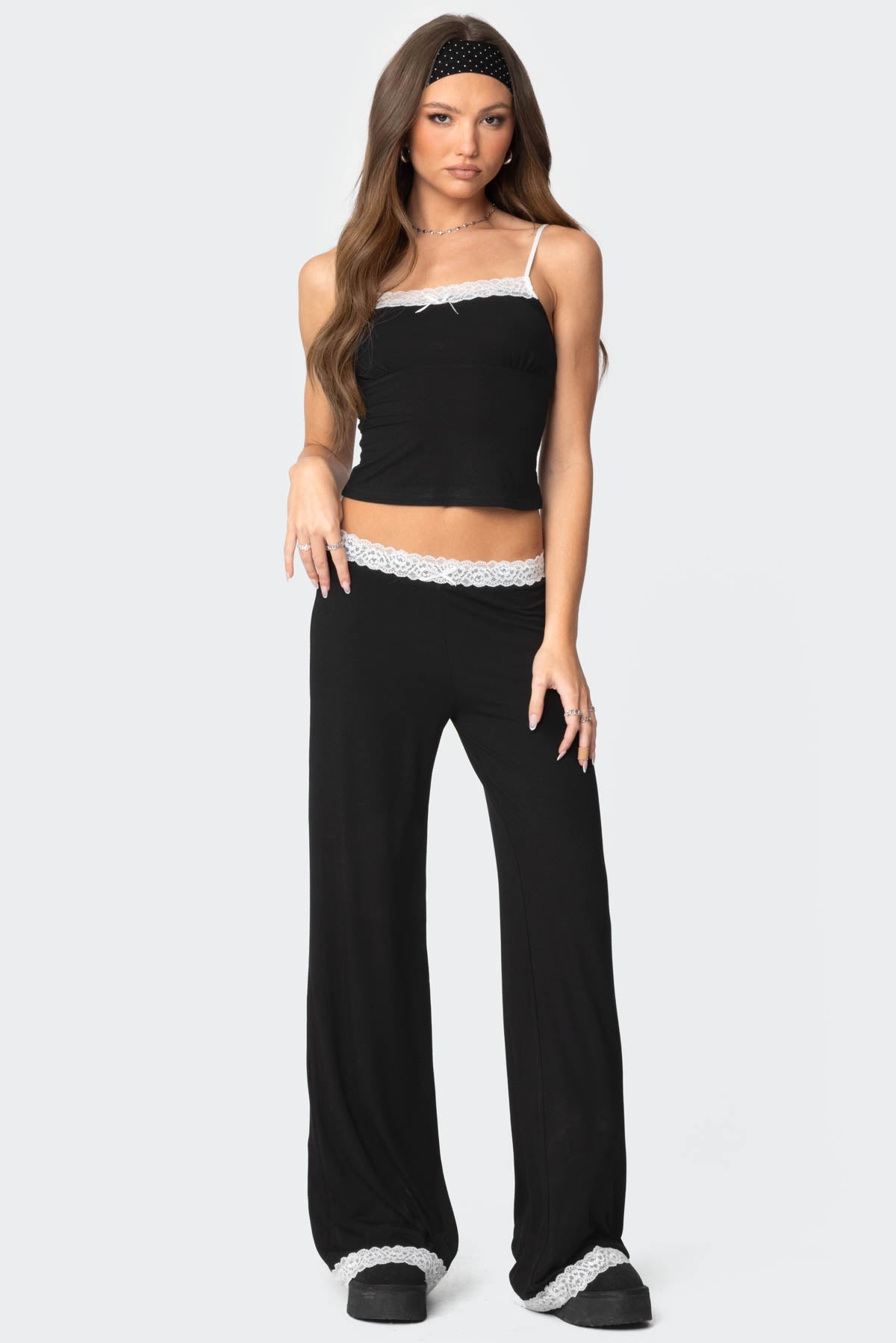 Domino Contrast Lace Trim Trousers