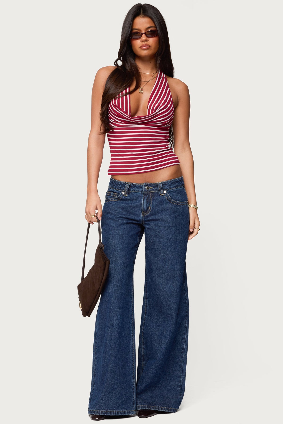 Striped Cowl Neck Halter Top