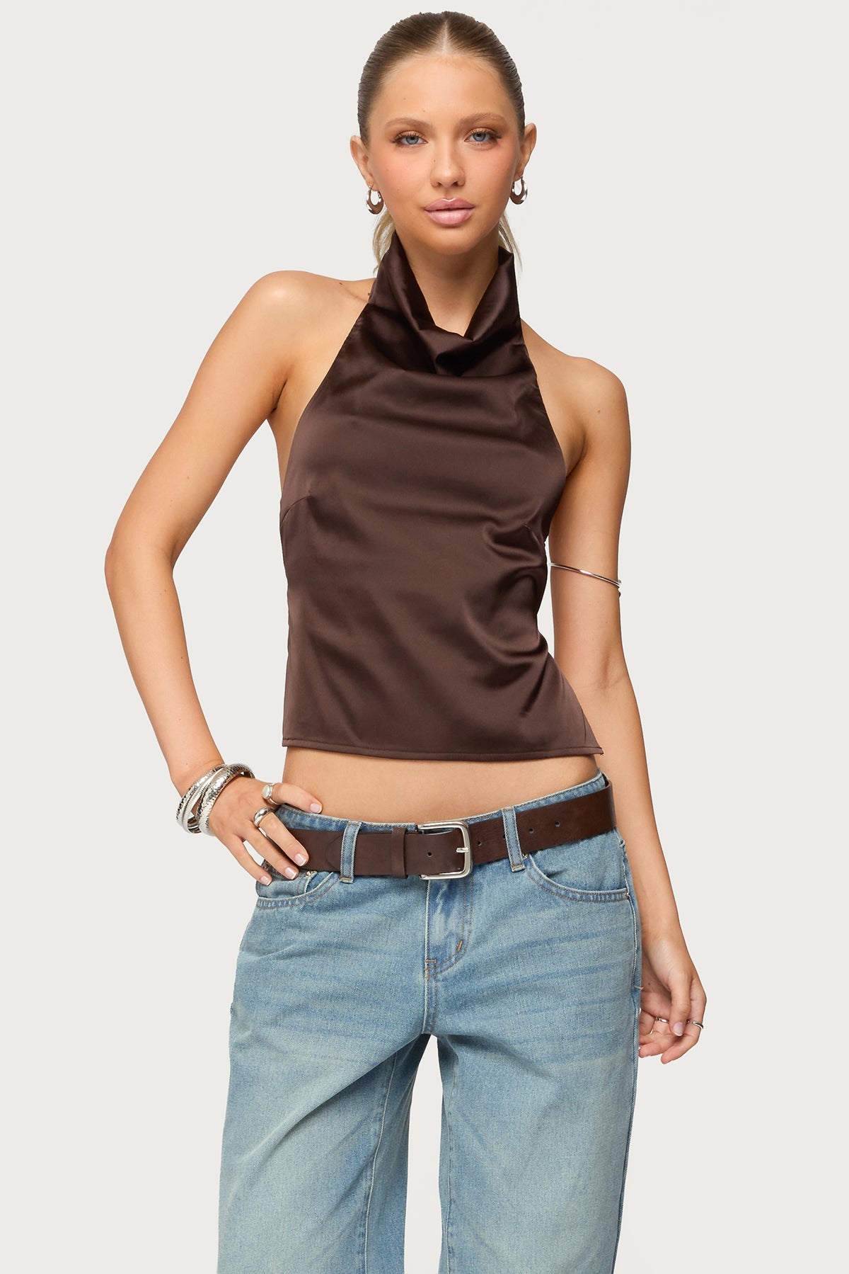 Satin Effect Backless Cowl Neck Top