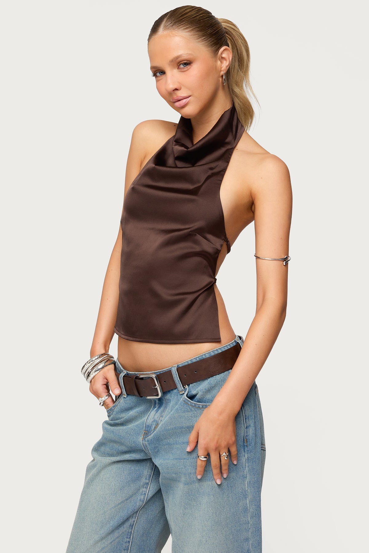 Satin Effect Backless Cowl Neck Top