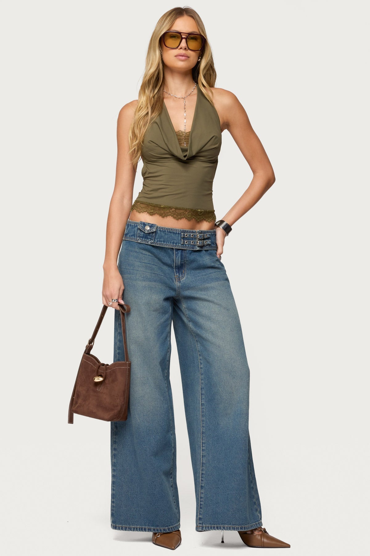 Double Buckle Low Rise Baggy Jeans