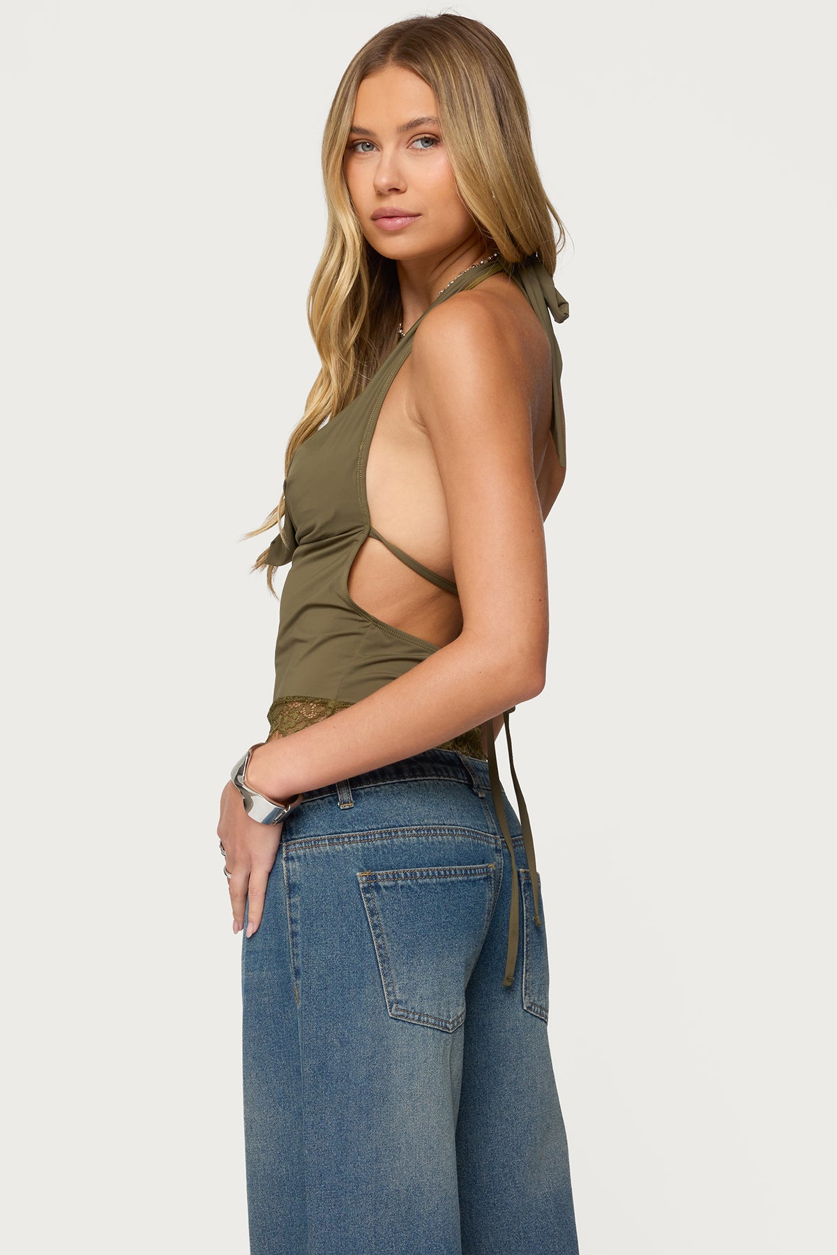 Layered Lacey Cowl Neck Halter Top