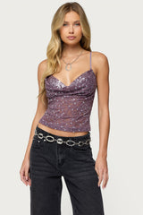 Sequin Layered Bra Cowl Neck Top