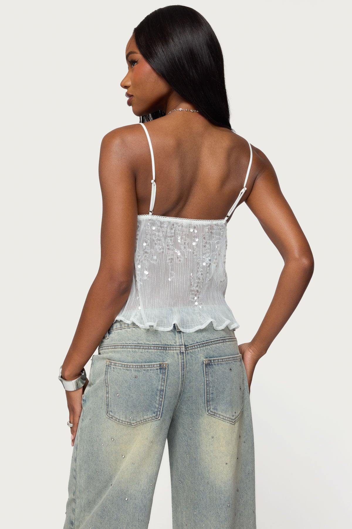 Sequin Sheer Mesh Babydoll Top