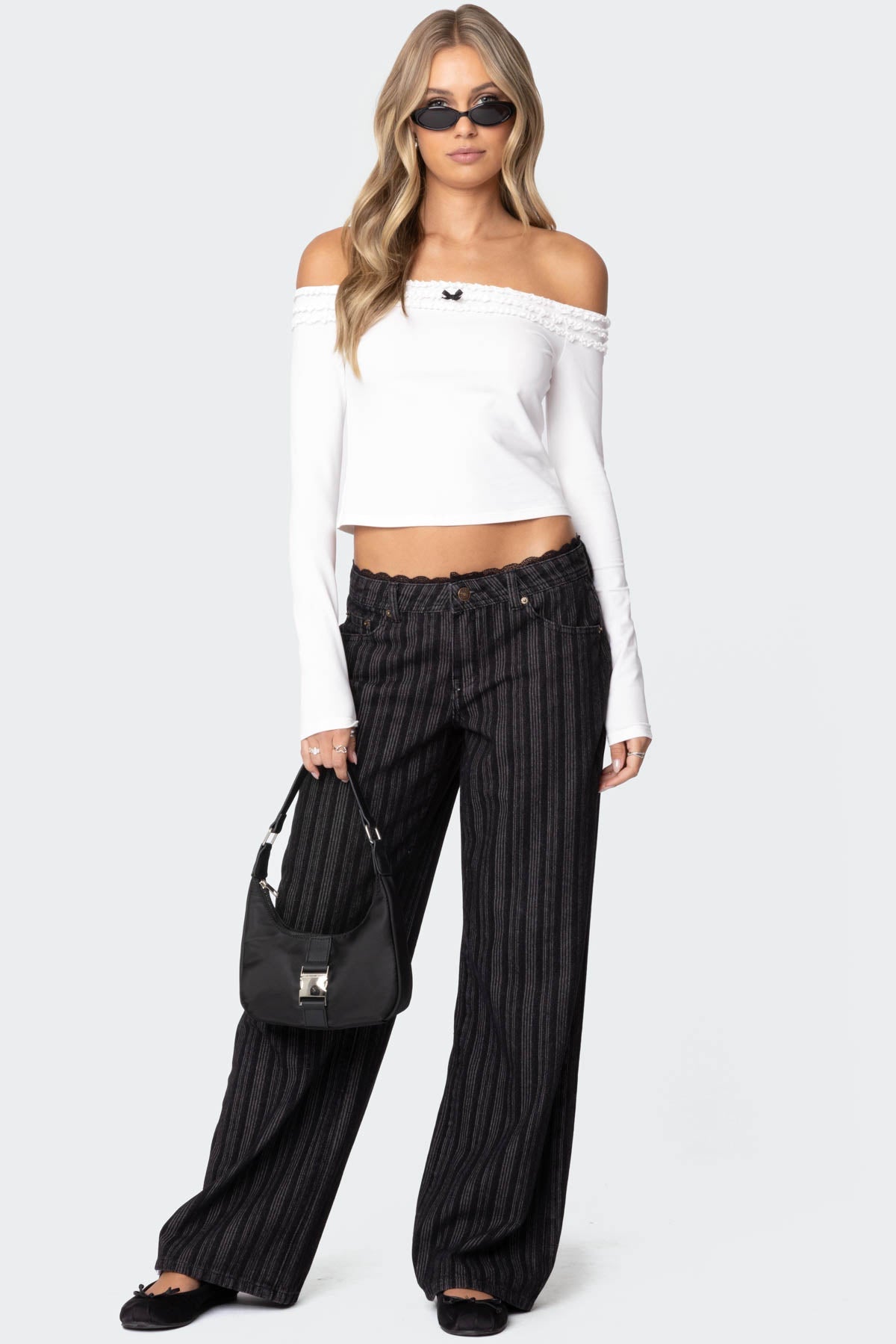 Lace Trim Striped Low Rise Baggy Jeans