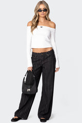 Lace Trim Striped Low Rise Baggy Jeans