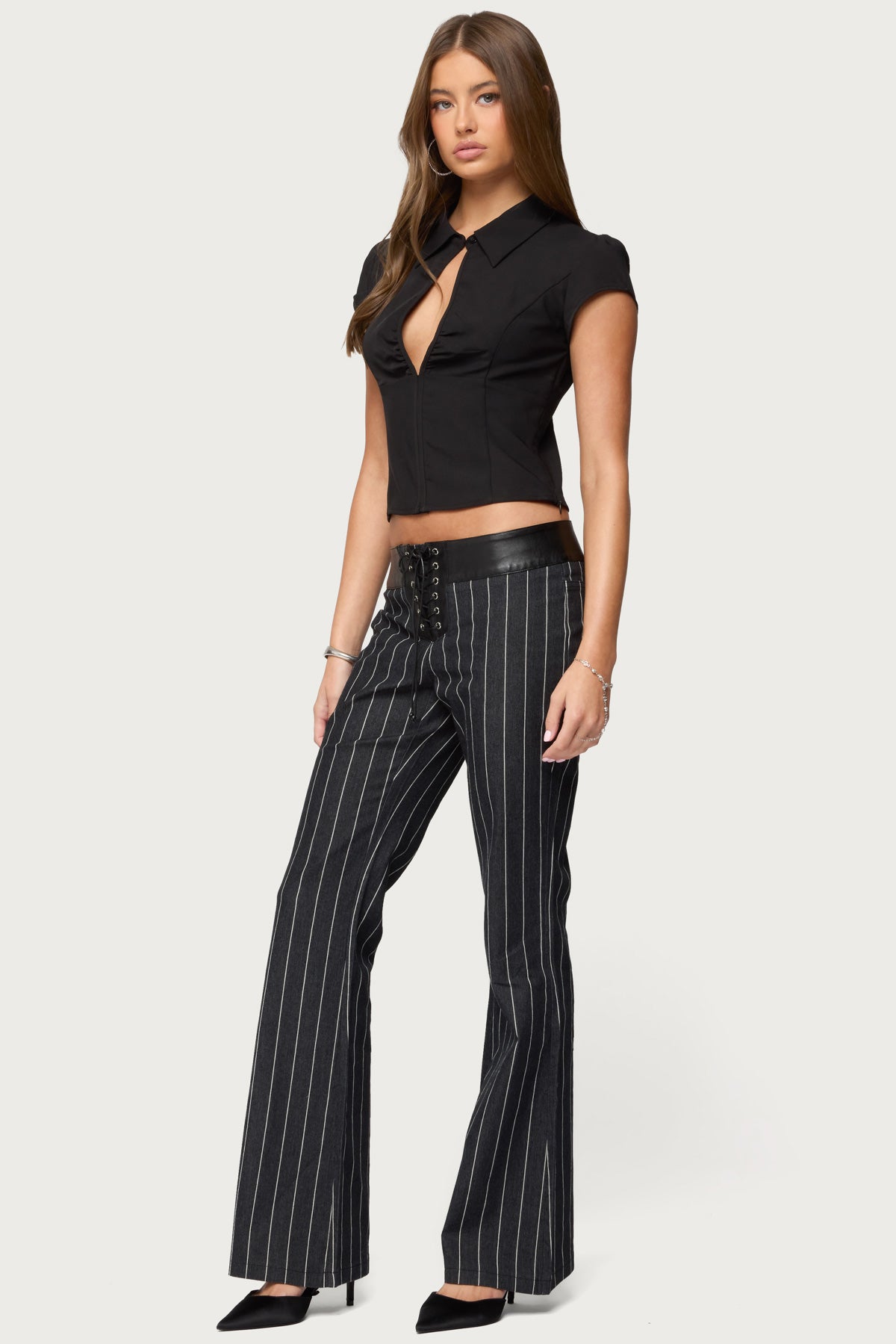 Pinstripe & Faux Leather Low Rise Flared Jeans