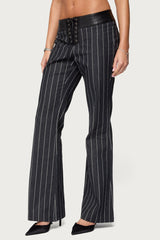 Pinstripe & Faux Leather Low Rise Flared Jeans