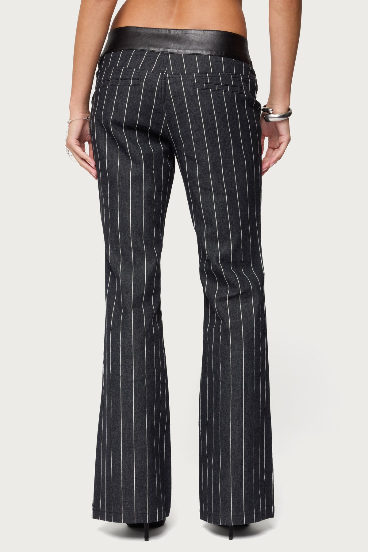 Pinstripe & Faux Leather Low Rise Flared Jeans