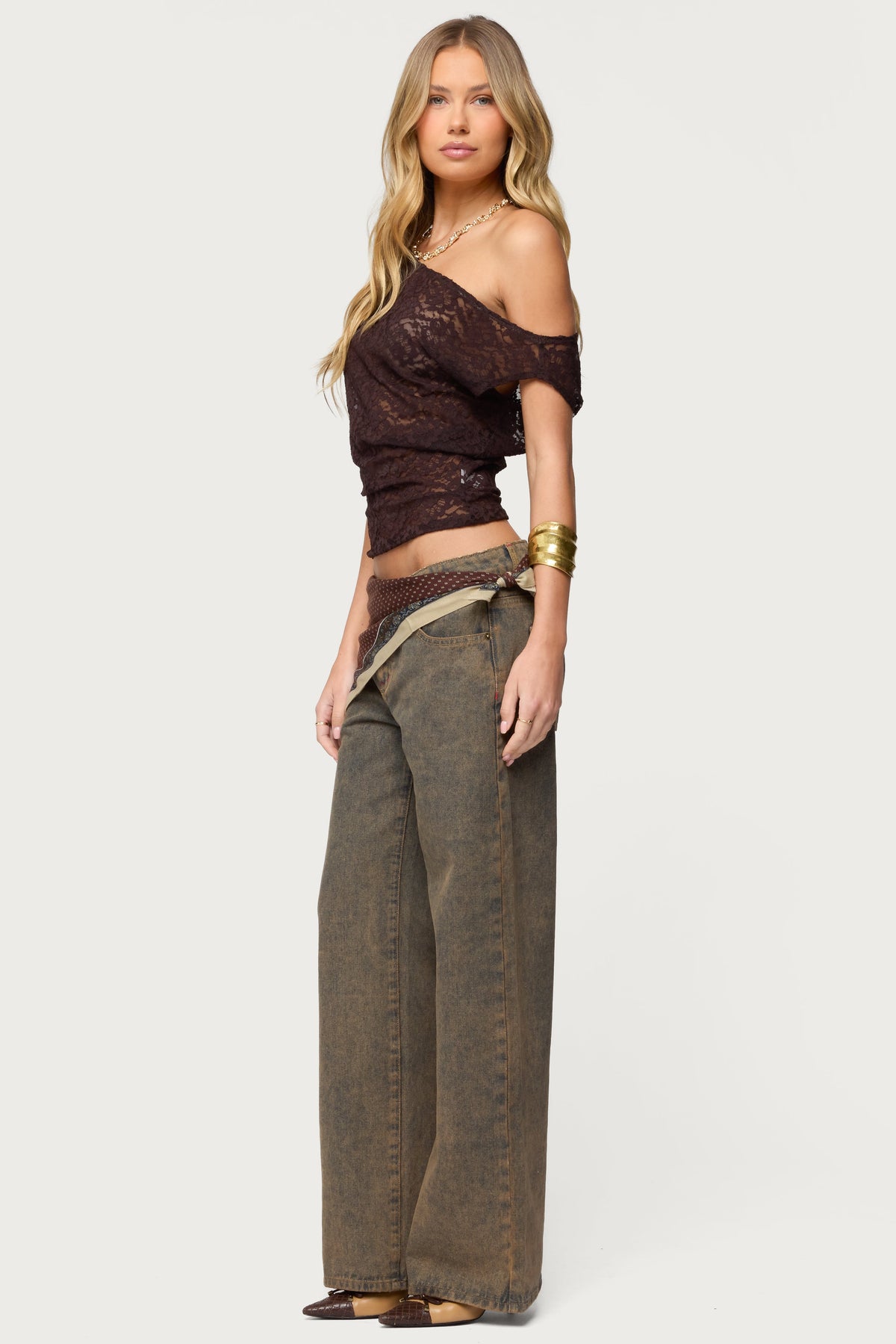 Kessa Sheer Lace Off Shoulder Top